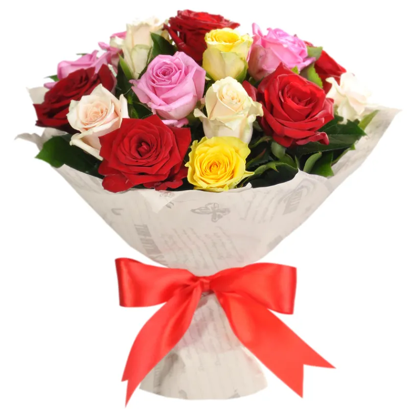 Букет из 21 разноцветной розы в крафте, доставка Нагорное